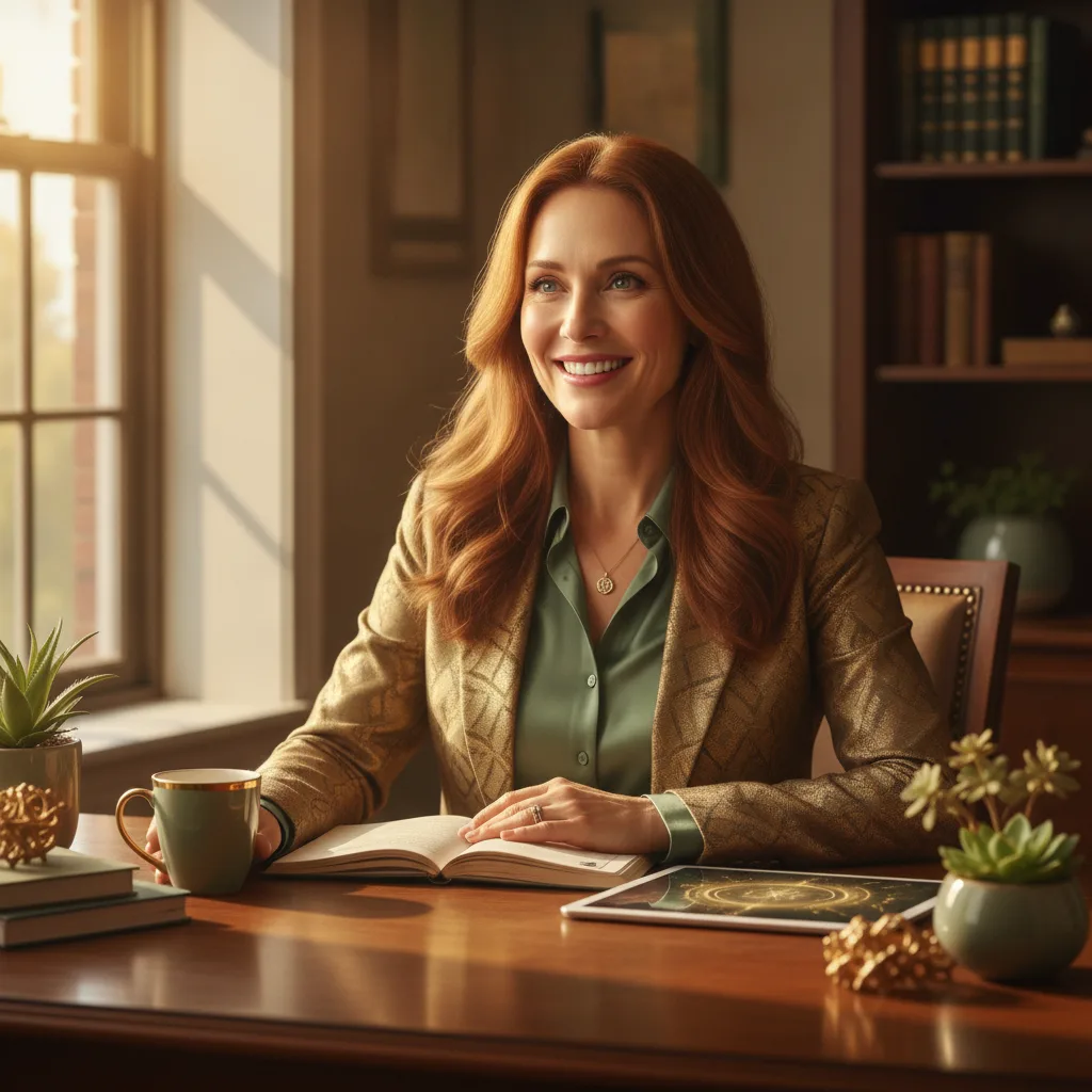 Same woman smiling energetically, surrounded by bright morning light