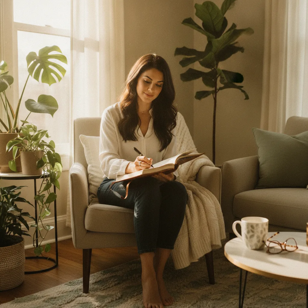 Woman writing in journal with clear focused expression, bright natural light