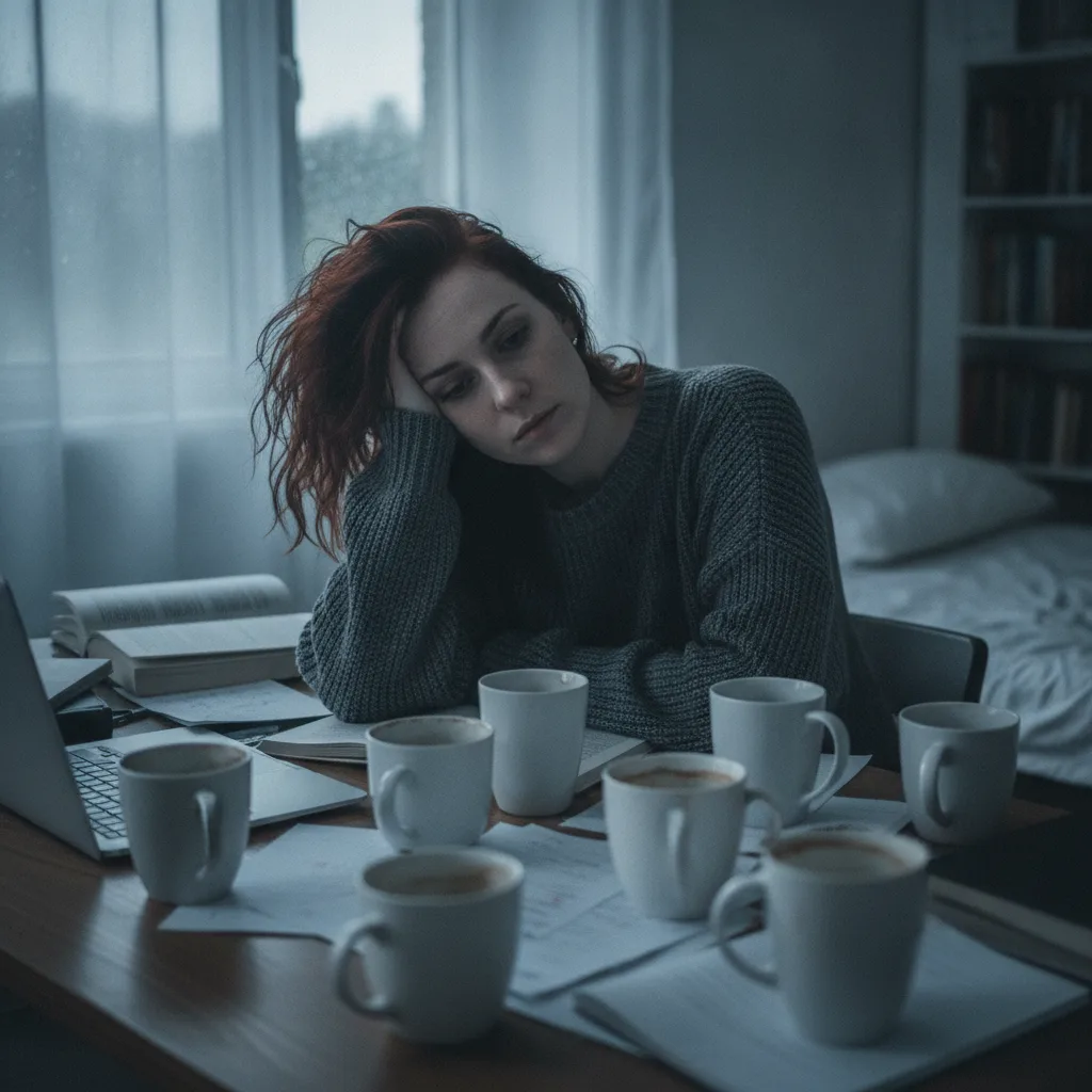 Woman looking exhausted at her desk in grey morning light