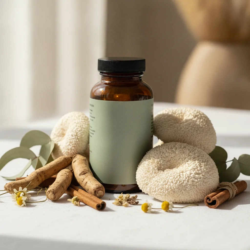 NervaNectar supplement bottle nestled among botanical herbs