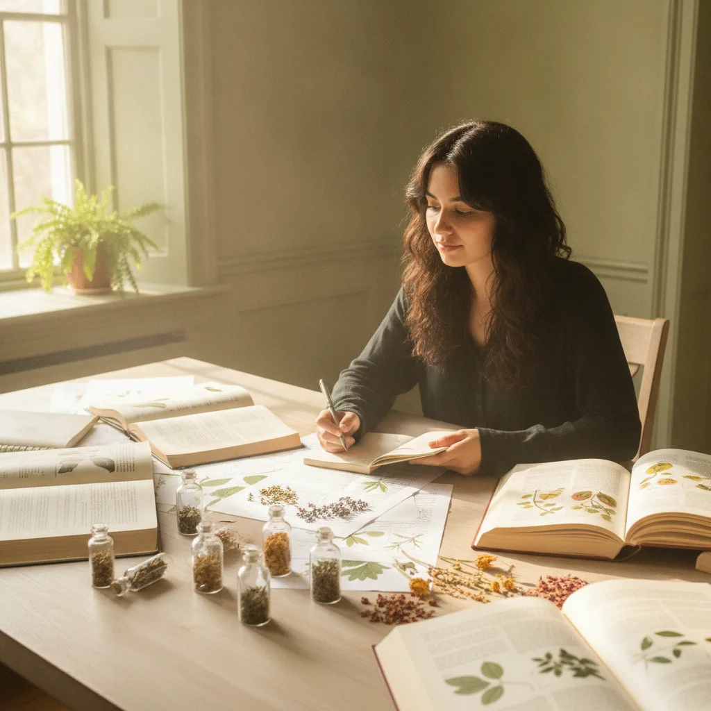 Woman studying botanical research with herbs arranged around notebooks
